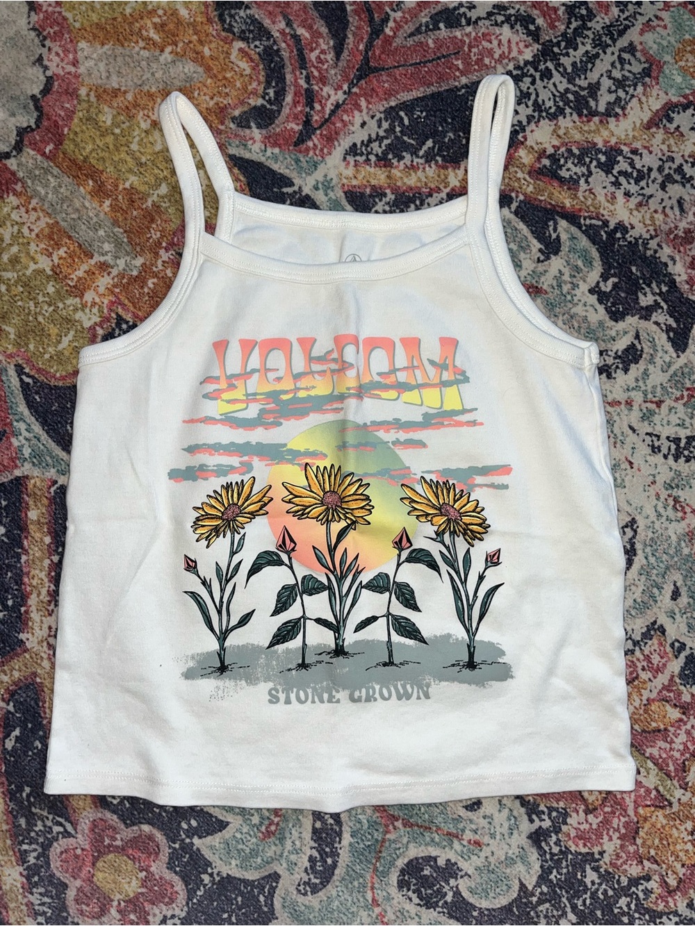 Volcom White Girls Tank with Sunflower Sunset Graphic